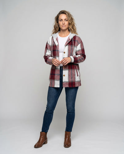 Damen Karo-Hemdjacke mit abnehmbarem Kapuzenkragen