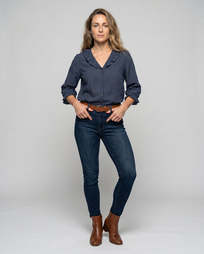 Damen Stoffbluse mit eleganter Rüsche und strukturiertem Karo