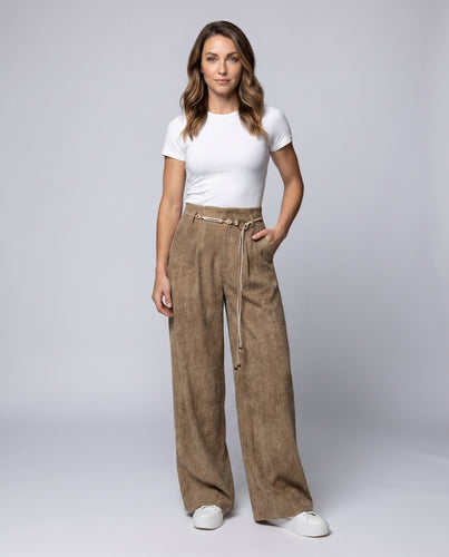 Damen weite Leinenhose mit hohem Taillenbund und elastischem Kordelzug