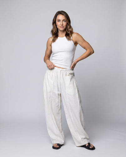 Damen weite Leinenhose mit hohem Taillenbund und seitlichen Eingrifftaschen
