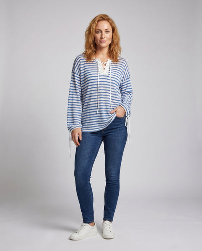 Damen lässiges Shirt mit modischem Streifenmuster und eleganten Trompetenärmeln