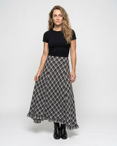 Damen Leichter Plaid Maxirock mit lässigem Volant und elastischem Bund
