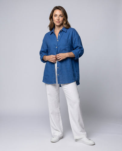 Damen luftige Leinenbluse mit modernem Kragen und praktischen Knopfdetails