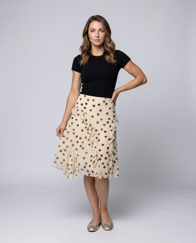Damen luftiger Midirock mit verspielten Rüschen und Polka-Dots