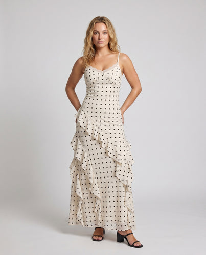 Damen Maxikleid mit modischer Rüschendetail und feinem Punktmuster