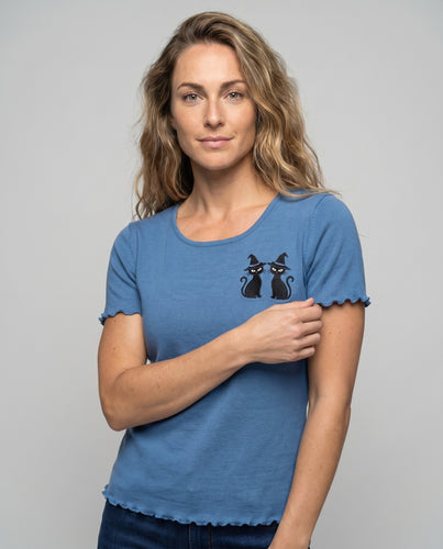 Damen Baumwolltshirt mit niedlichem Katzenstickerei
