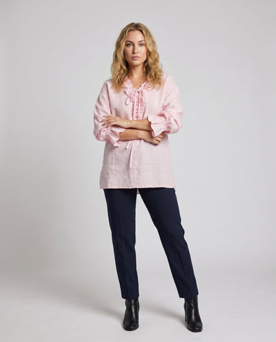 Damen Bluse mit fröhlichem Rüschenkragen und Bindeband