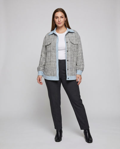 Damen elegante Tweedjacke mit kontrastfarbenem Kragen und praktischen Taschen