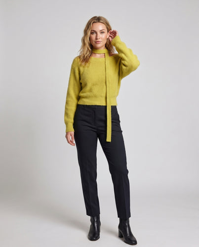 Damen gemütlicher Pullover mit Schalkragen und innovativer Krawatten-Detail