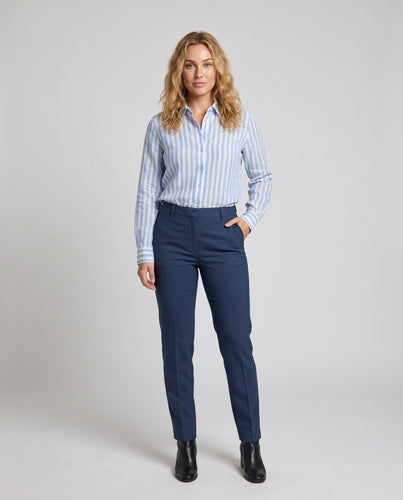 Damen gestreifte Premium-Leinenbluse mit klassischem Kragen und lässigem Schnitt