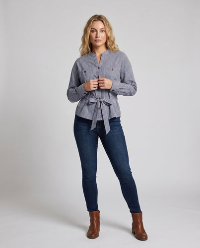 Damen lässige Bluse mit modischem Karomuster und praktischer Bindegürtelschließe