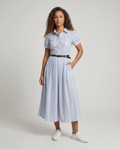 Damen Maxikleid mit klassischem Karomuster und eleganter Knopfdetail