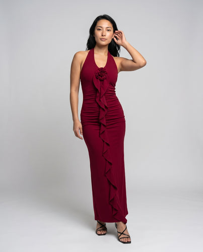 Damen Maxikleid mit raffinierten Rüschendetails und elegantem V-Ausschnitt