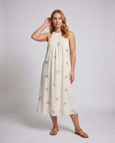 Damen Maxikleid mit zarten Blumenstickereien und fließendem Schnitt