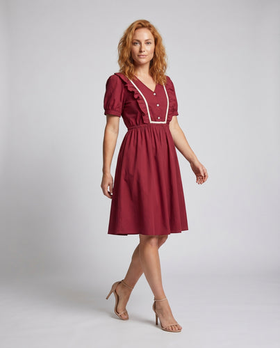 Damen Midi-Kleid mit elastischem Taillenbund und dekorativen Puffärmeln