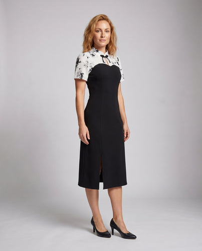 Damen Midi-Kleid mit floralem Kragen und schickem Schlitz