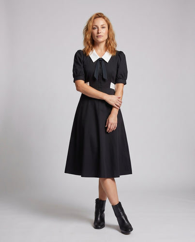 Damen Midi-Kleid mit klassischen Puffärmeln und schickem Kragen