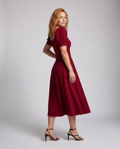Damen Midi-Kleid mit Puffärmeln und elegantem V-Ausschnitt