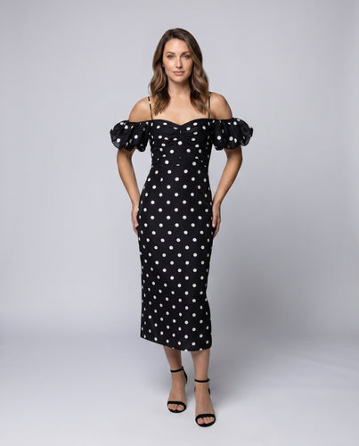 Damen Midi-Kleid mit voluminösen Puffärmeln und raffinierten Drapierungen