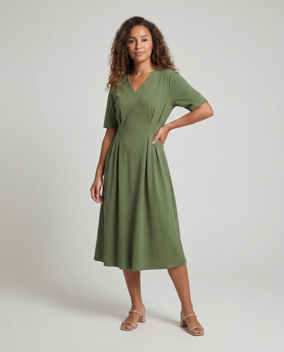 Damen Midikleid mit V-Ausschnitt und femininer A-Linien-Silhouette