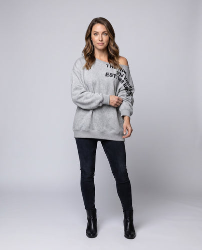 Damen Oversized Sweatshirt mit asymmetrischem Ausschnitt und grafischem Print