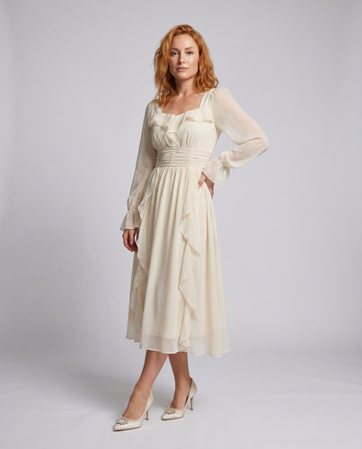 Damen romantisches Wickelkleid mit voluminösen Rüschen und transparenten Ärmeln