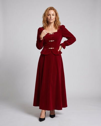 Damen Samtkleid mit romantischen Puffärmeln und dekorativen Knopfdetails
