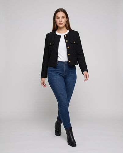 Damen Strukturierte Bouclé-Jacke mit goldenen Knöpfen und Taschen