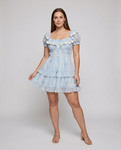 Damen Volantkleid mit Puffärmeln und Spitzenakzenten