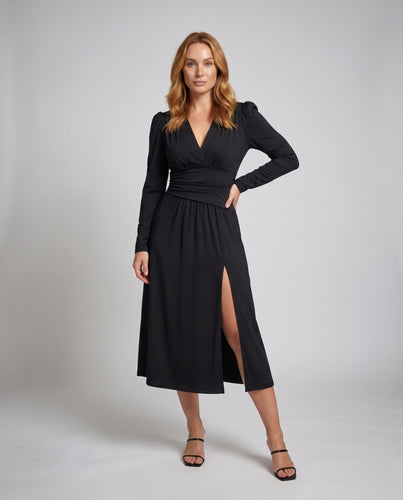 Damen Wickelkleid mit voluminösen Ärmeln und elegantem Schlitz