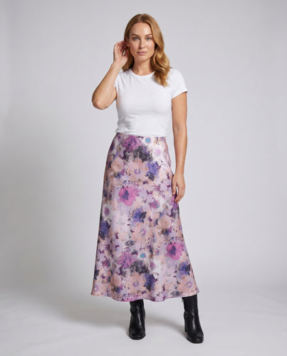 Damen Langer, fließender Rock mit floralem Design und elastischem Bund