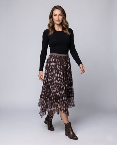 Damen Langer plissierter Rock mit asymmetrischem Saum und floralem Muster