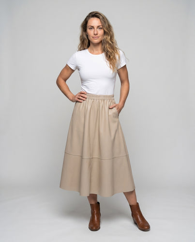 Damen Langer Rock aus hochwertigem Kunstleder mit elastischem Bund
