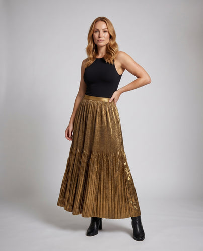 Damen Maxi-Rock aus glänzendem Plisseematerial mit weitem Schnitt