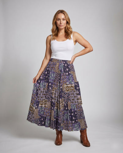 Damen Maxi-Rock mit buntem Patchwork-Muster und elastischem Bund