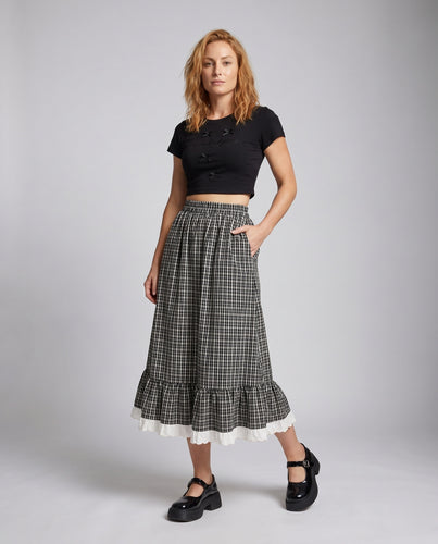 Damen Maxi-Rock mit Karomuster und Spitzenvolant