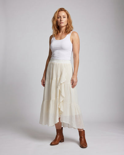Damen Maxi-Rock mit voluminösen Rüschendetails und elastischem Taillenbund