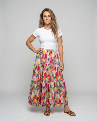 Damen Maxirock mit voluminösem Blumendesign und elastischem Bund
