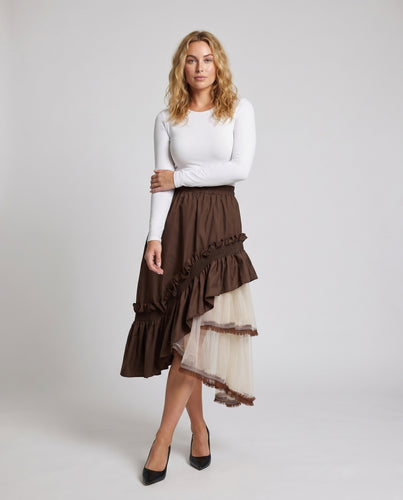 Damen Midirock mit Tüllvolant und Rüschen Details