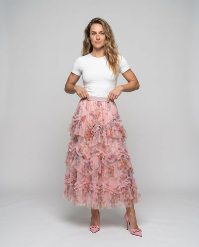 Damen Tüllrock mit mehrlagigem Rüschendesign und floralen Akzenten