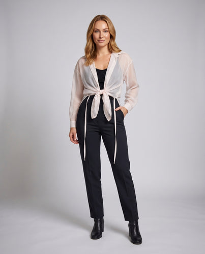 Damen Übergangsbluse mit Schleifenband und transparenten Ärmeln