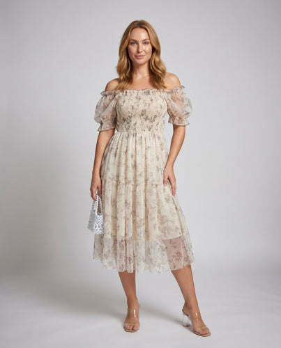 Damen Blumensommerkleid mit Puffärmeln und transparentem Rock