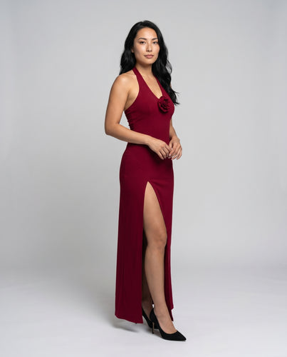 Damen elegantes Abendkleid mit hoch geschnittenem Beinausschnitt und floralem Dekor