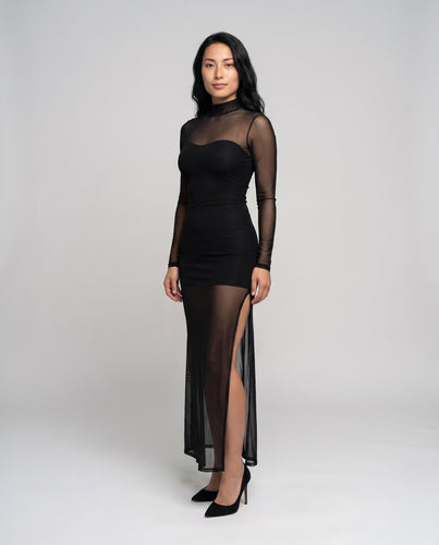 Damen Elegantes Abendkleid mit transparenten Ärmel und seitlichem Schlitz