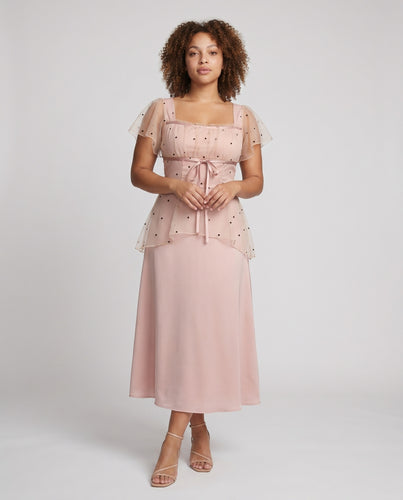 Damen Elegantes Abendkleid mit transparenten Puffärmeln und Rüschen