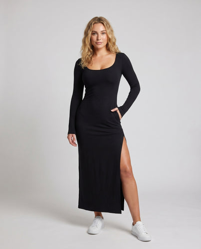 Damen Elegantes Langarmkleid mit hohem Schlitz und figurbetonter Silhouette