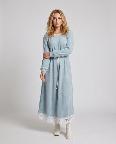 Damen Elegantes Langarmkleid mit Spitzenabschluss und tailliertem Gürtel