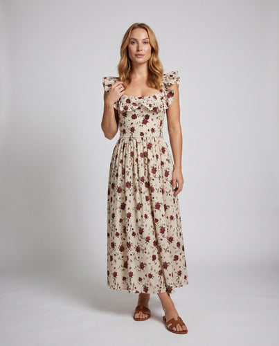 Damen Elegantes Maxikleid mit verspielten Rüschendetails und floralem Print