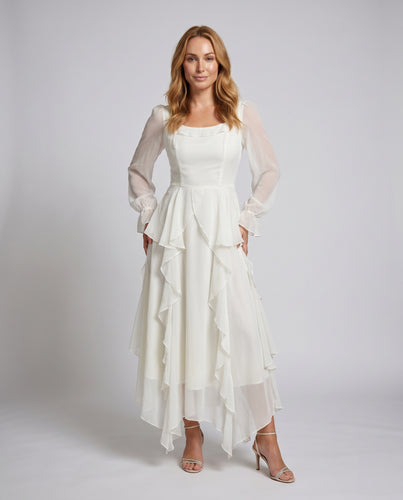Damen Elegantes Maxikleid mit voluminösen Rüschen und transparentem Oberteil