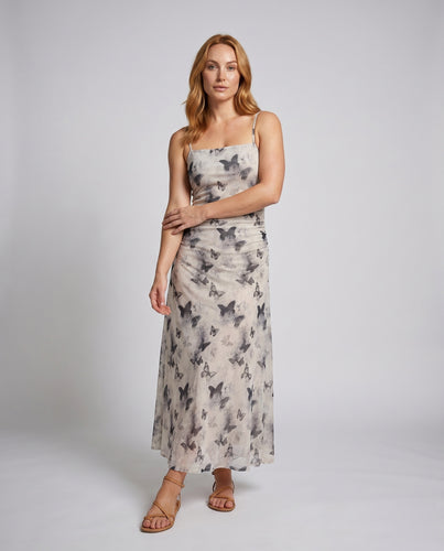 Damen Elegantes Maxikleid mit zarten Schmetterlingsmotiven und feinen Trägern
